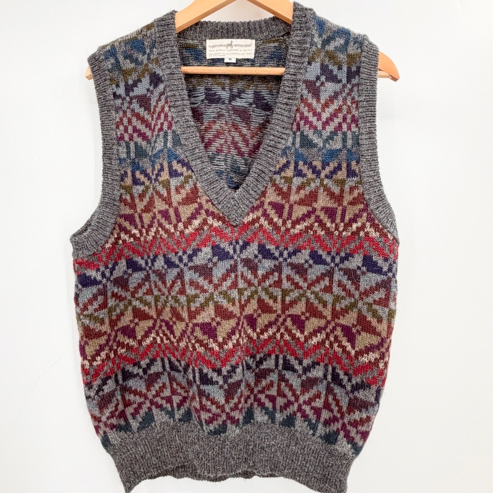 Peruvian Connection 100% Alpaca Fair Isle Sweater Vest M Unisex Boho Grandpacore
